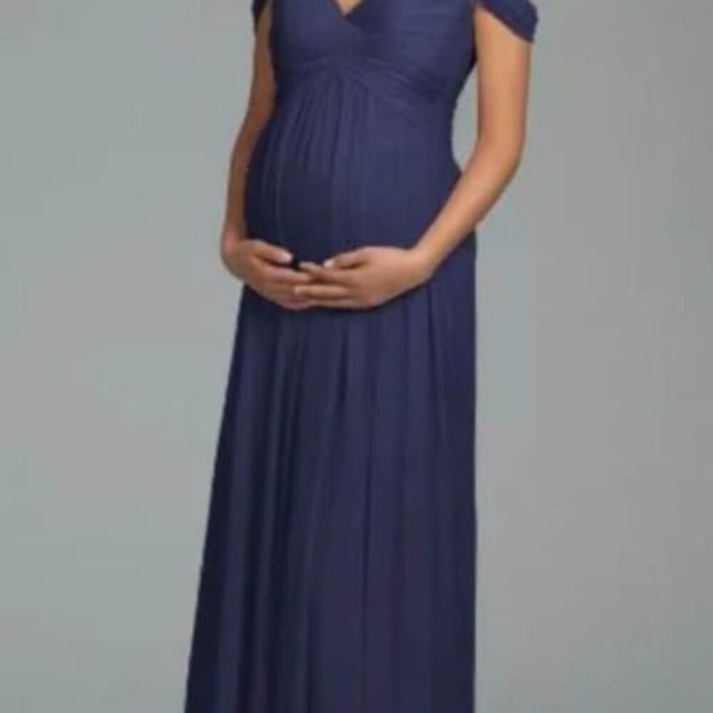 New MSRP $292 Hayley Paige Navy Chiffon A-line Maternity Dress - Bust 40"